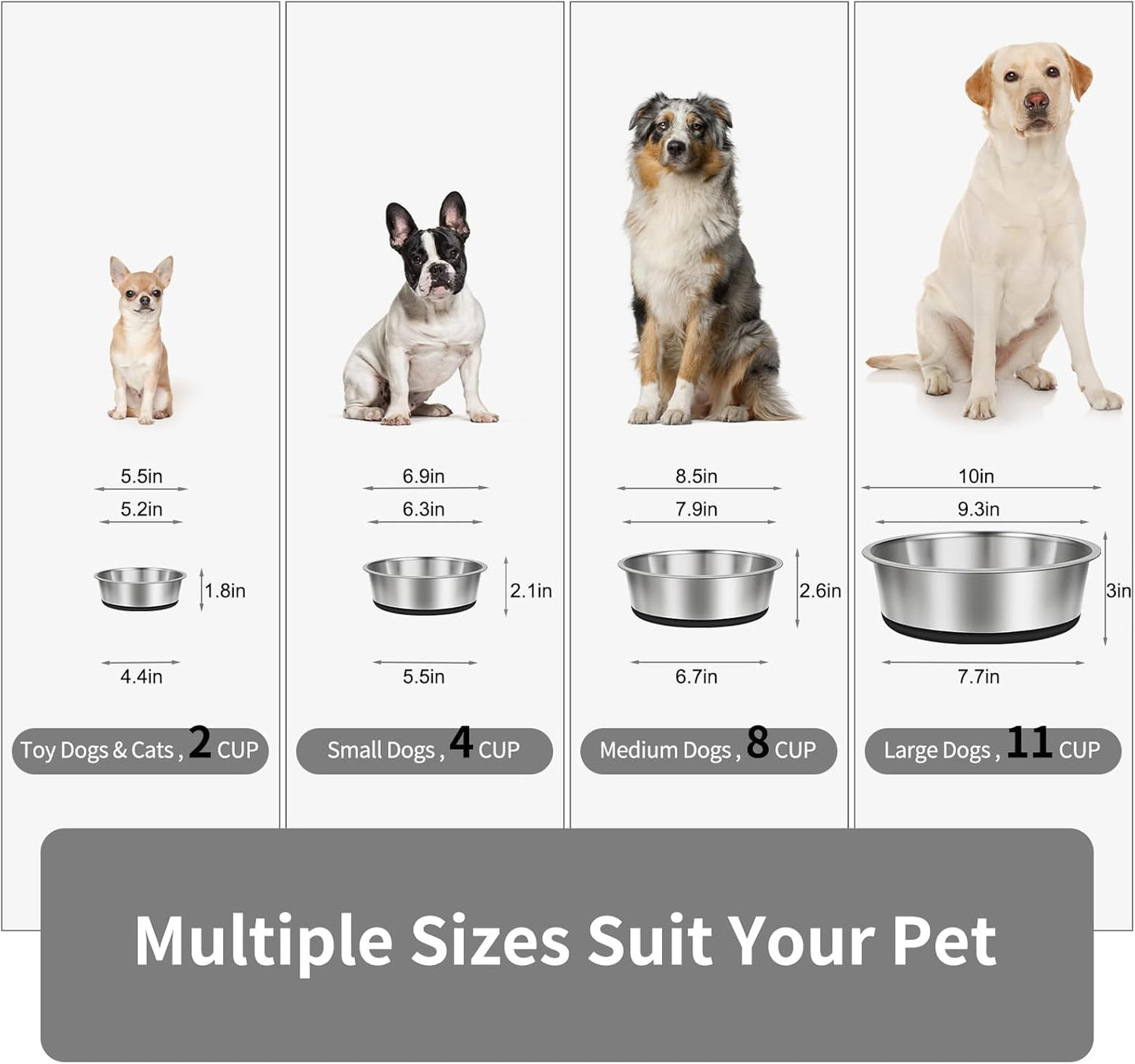 Taglory 8 Cup Stainless Steel Dog Bowls Set of 2 for Food and Water, Silicone Base Anti-Slip, Rust Resistant, Extra Thick Metal Bowls for Medium Dogs, 59oz, Black