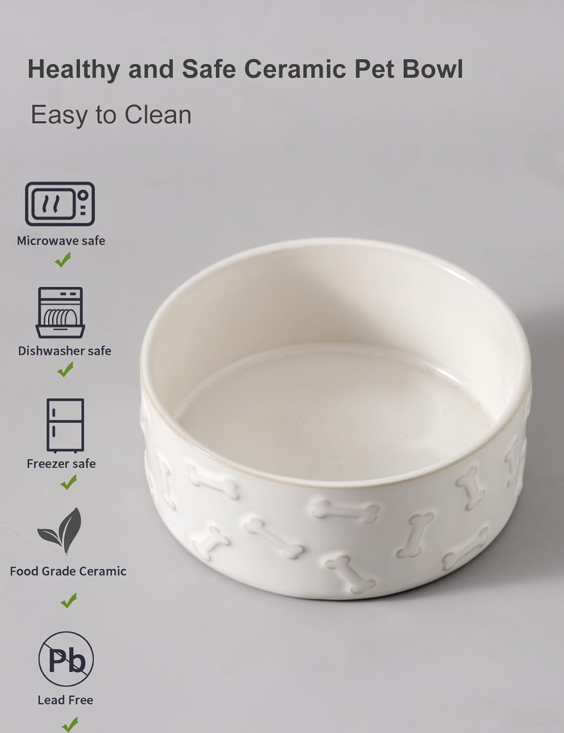 UBEE Ceramic Dog Food Bowl Set of 2, 6.1 inch Dog Bowls Dish with Bone Pattern, Pet Food Water Dish Feeding for Small and Medium Dogs and Large Cat, White