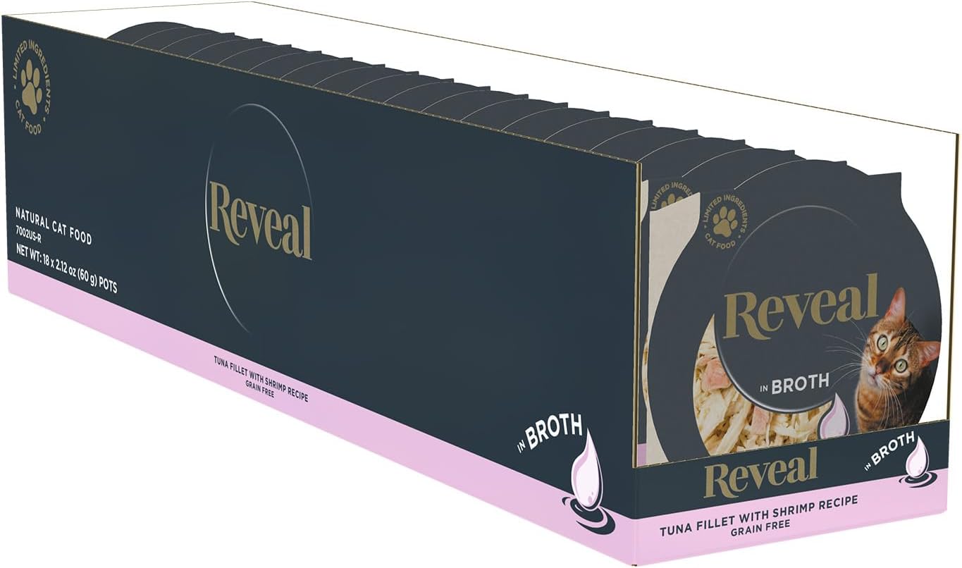 Reveal Natural Wet Cat Food, 18 Count, Grain Free, Limited Ingredient Cat Food Cups, Tuna with Shrimp in Broth, 2.12 oz Easy Peel Cups