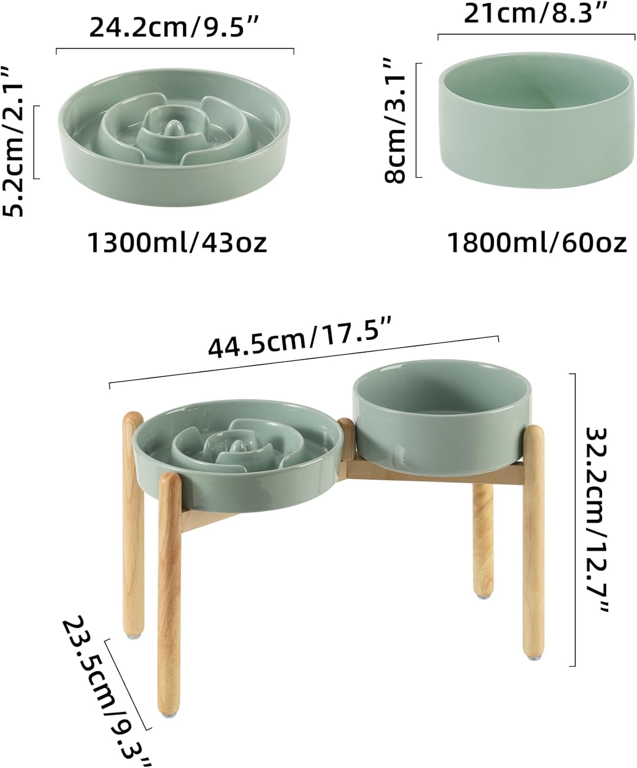 Ceramic Raised Slow Feeder Dog Bowl Set, Elevated 8.2inch Bowl and 9.5inch Puzzle Slow Food Dish with Wooden Stand for Large Dog, Anti-Gulping (2X Light Green+ Stand)