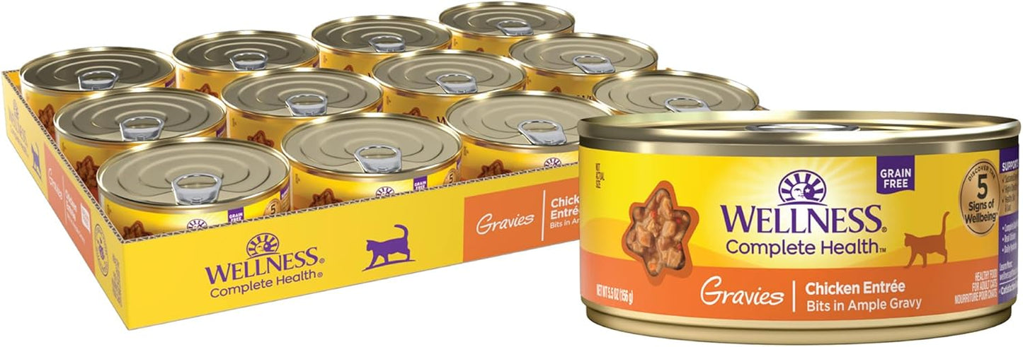 Wellness Complete Health Gravy Adult Wet Cat Food, Natural, Protein-Rich, Grain Free, 5.5 Ounce , 12 Pack, (Chicken Dinner)