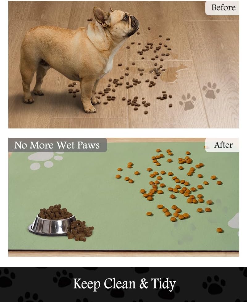 Pet Feeding Mat-Absorbent Dog Mat for Food and Water Bowl-No Stains Quick Dry Water Dispenser Mat-Dog Accessories Pet Supplies-Bowl for Messy Drinkers（Green,16"x24"