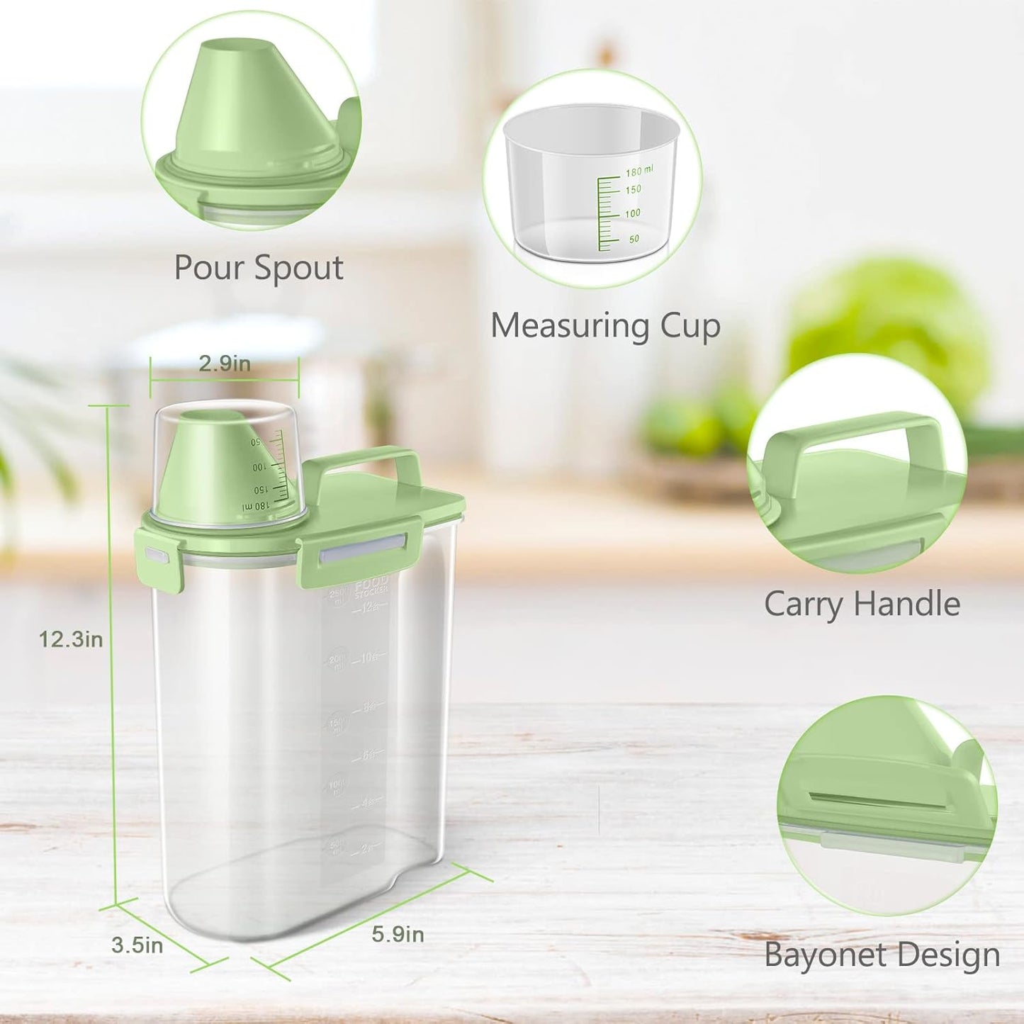 TBMax Small Rice Storage Container -5 Lbs Cereal Dispenser with Measuring Cup, Airtight Dry Food Container Bin for Kitchen Pantry Storage Organization -Green