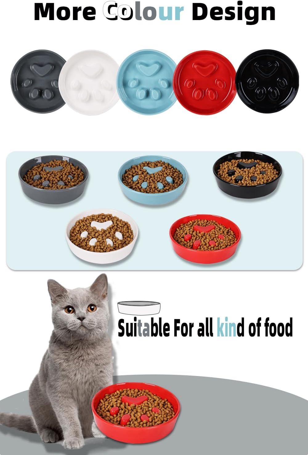 Slow Feeder Cat Bowls, Ceramic Fun Slow Eater Bowl for Cats (Red)
