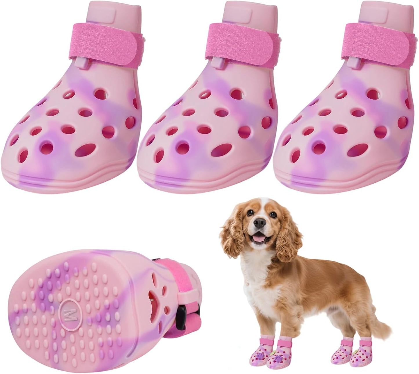 Dog Shoes for Hot Pavement, Adjustable Magic Tape Boots for Small, Medium & Large Dogs, Anti-Slip, Easy to Clean Paw Protectors for Beach, Outdoor & Hot Weather (Pink M)