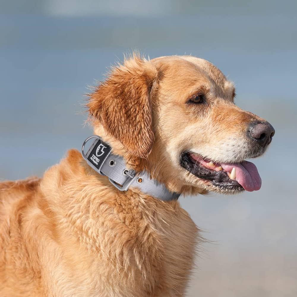 TSPRO Tactical Dog Collar 1.5 Inch Wide Thick Dog Collars with Heavy Duty Metal Buckle, Durable, Strong, Adjustable for Medium to Large Dogs (Silver L)