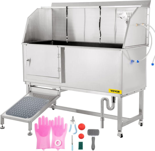 VEVOR Dog Grooming Tub, 62" L Pet Wash Station, 304 Stainless Steel Pet Grooming Tub Rated 661LBS Load Capacity, Non-Skid Dog Washing Station Comes with Ramp, Faucet, Sprayer and Drain Kit