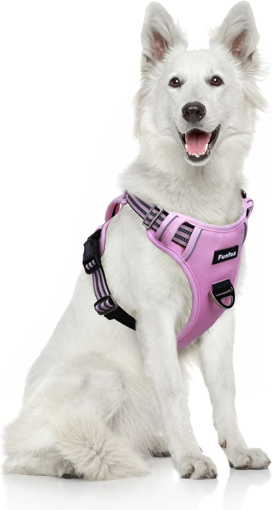 Funfox Dog Harness No Pull, Adjustable Pet Vest Harness, Super Soft Material with Vertical Handle Easy Control, Reflective Night Walking, 2 Leash Clips for XLarge Dogs, Pink, XL