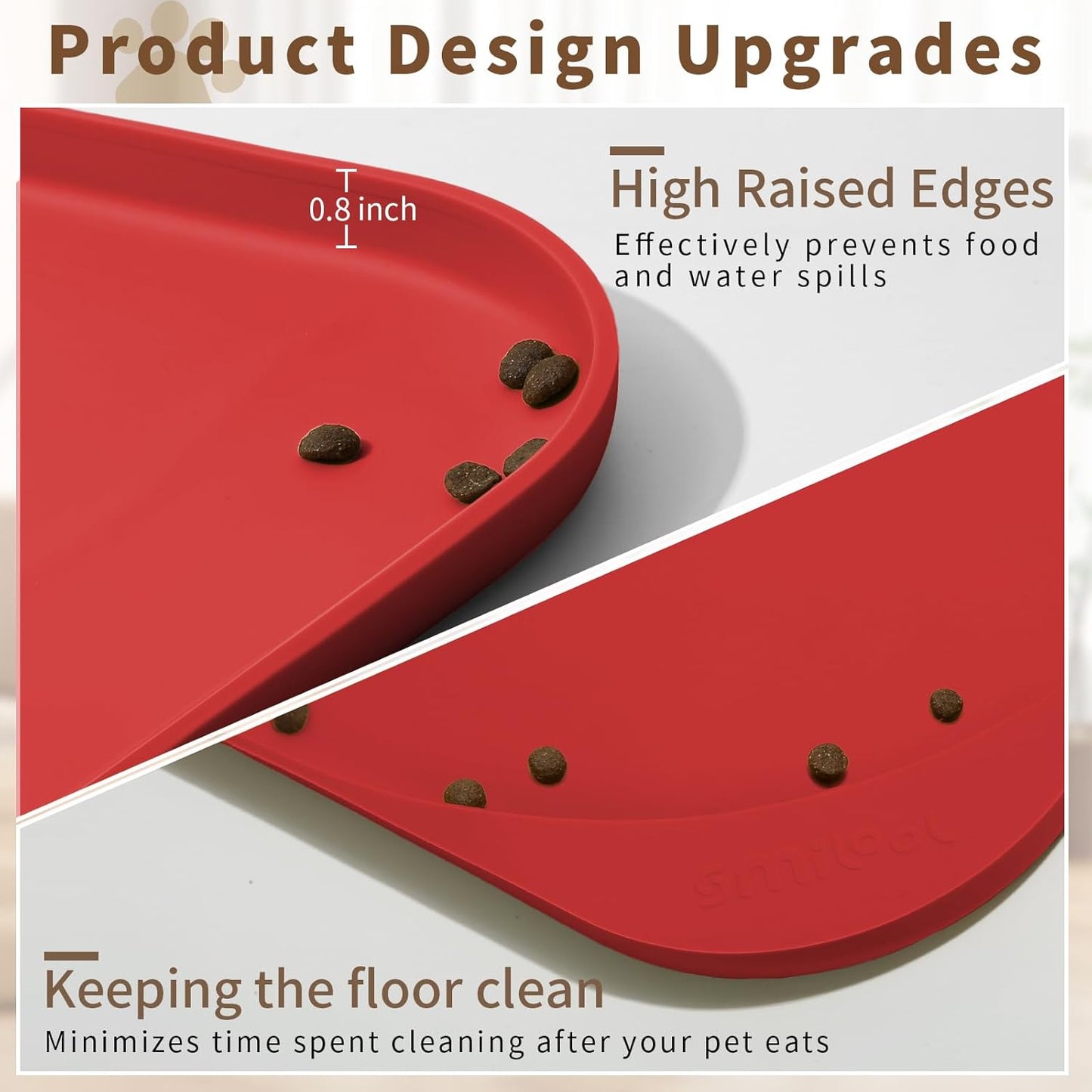 Silicone Pet Feeding Mat with Raised Edge & Residue Collection Pocket for Food and Water, Dog Bowl Mats, Cat Bowls Placemat with High Lip for Floor Waterproof, 24 x 16 x 0.8 Red