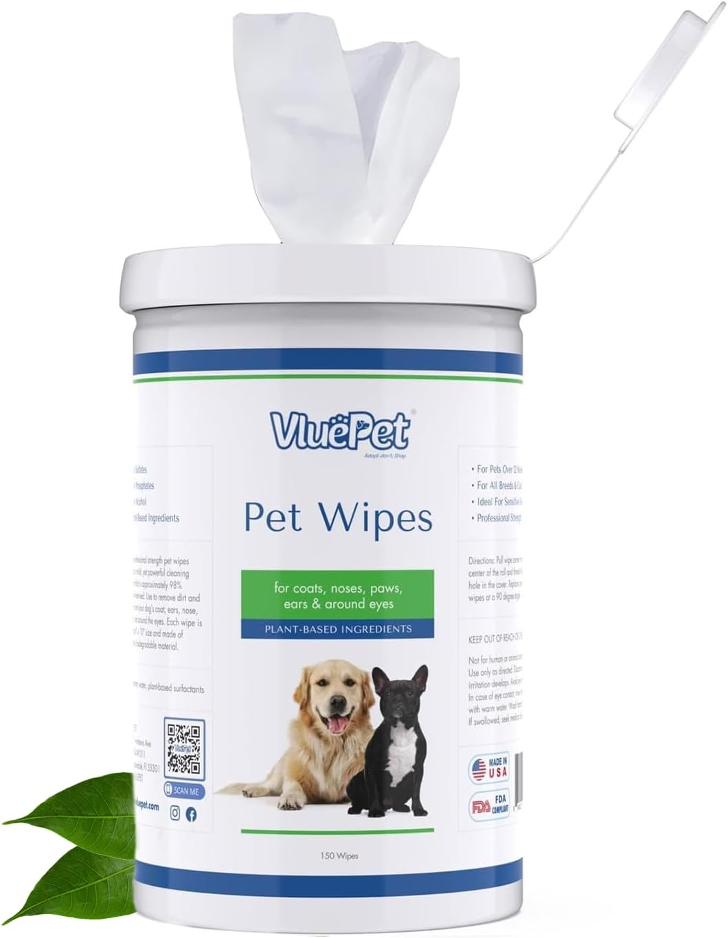 VLUEPET - Pet Wipes for Dogs & Cats | Biodegradable, Natural & Unscented Grooming Wipes for Paws, Coat, Ears, Eyes & Rear | Soft, Durable & Safe for Daily Cleaning, Fragrance-Free | 150 Count