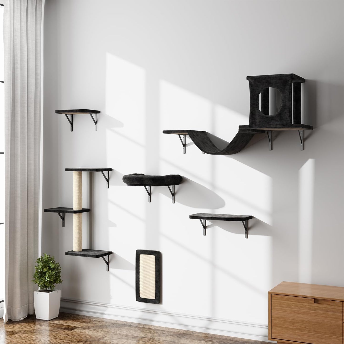 NUNU LAB Wall Mounted Cat Climber Set, 6 Pcs Cat Furniture Set with House, Bridge, Steps, Scratcher Board and Hammock, Shelves for Indoor, Luxury Walls Furniture(Black)