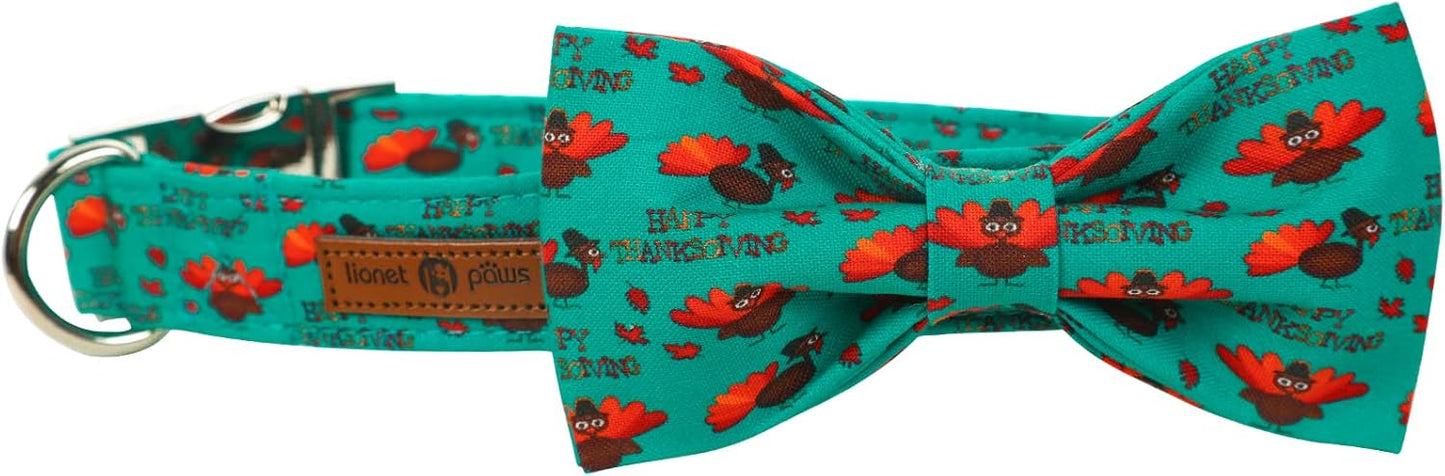 Lionet Paws Thanksgiving Day Dog Collar with Bowtie, Dog Bowtie Collar with Metal Buckle for Dogs and Cats, Adjustable Comfortable Turkey Dog Collar Girl Boy Gift, S, Neck 10-16 in