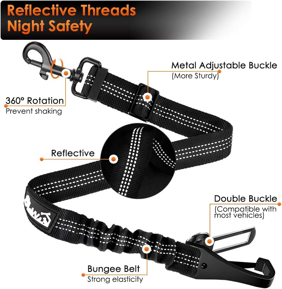 SlowTon Dog Seat Belt, Adjustable Dog Safety Belt Leash, 2 in 1 Latch Bar Attachment Dog Car Seatbelt with Elastic Nylon Bungee Buffer, Reflective Nylon Belt Tether Connect to Dog Harness (2Black)
