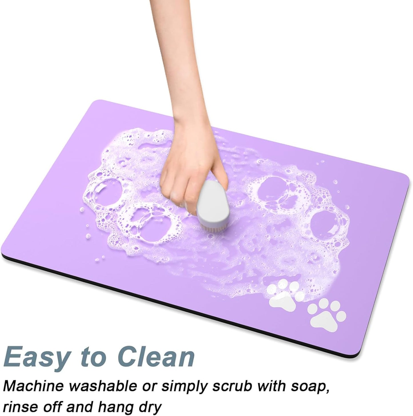 Rnivvi Dog Food Mat, 16" x 24" Footprint Absorbent Dog Cat Bowl Mat for Food and Water, Cute Anti-Slip Rubber Pet Feeding Rug Protect Floors, Puppy Placemat for Feeding & Watering Supplies, Purple