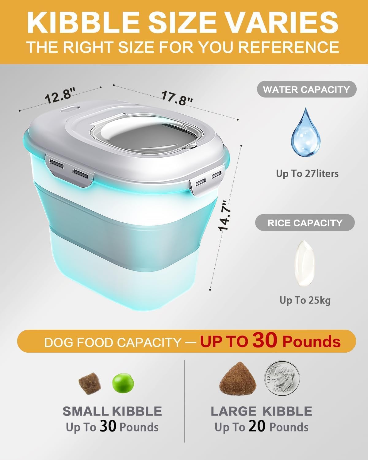 ANVS Dog Food Storage Container - Collapsible Dog Food Container with Airtight Lids, Scoop and 2.5L Small Pet Food Storage Container Dry Food For Dog, Cat and Other Pet Food (Grey, 30lbs)