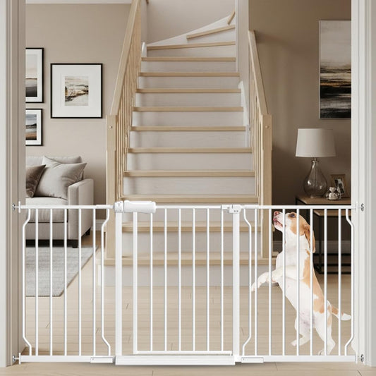 TSAYAWA Walk Through Baby Gate with Door, 62-67 Inch Wide Presure Mounted No Drill Metal Auto Close Child Gate for Stair Doorway - Indoor Outdoor Safty Gate for Toddler Dog Doggie, White