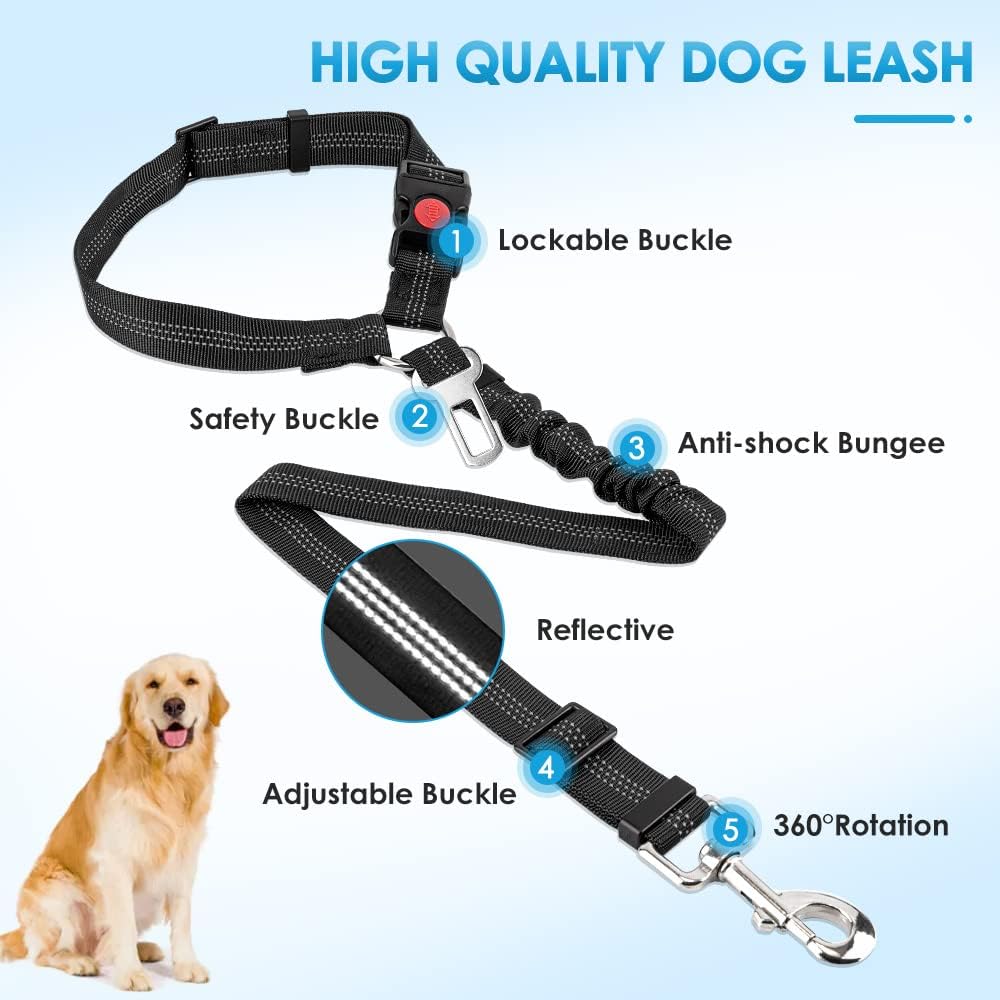 SlowTon Dog Seat Belt for Car, 2 Pack Dog Car Harness Seatbelt Adjustable with Elastic Bungee Buffer, 2 in 1 Pet Car Leash Headrest Restraint Dog Reflective Safety Tether (Black, Headrest+Clip)
