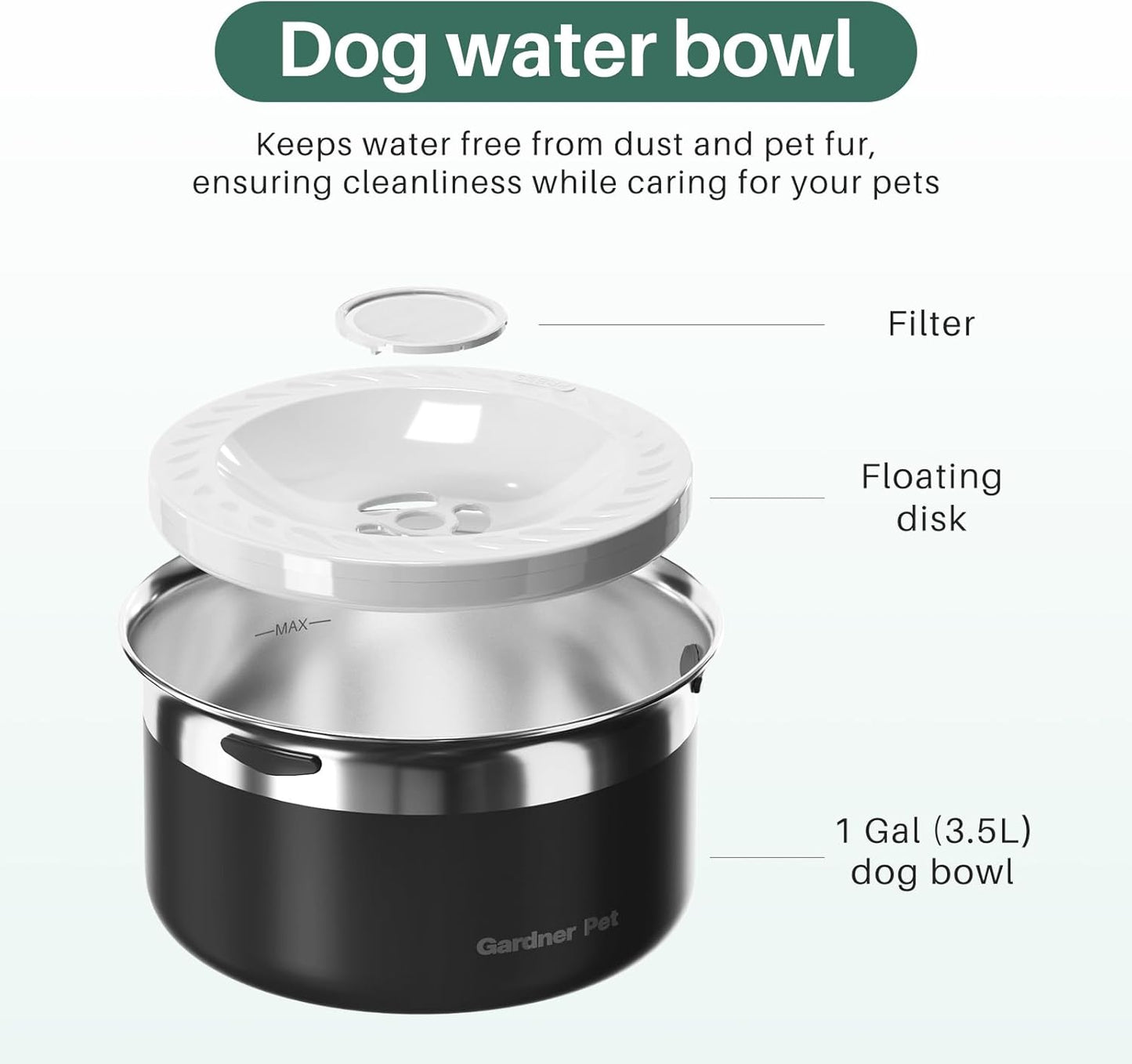 Gardner Pet Dog Bowls 1 Gallon (3.85L) Stainless Steel No Spill Dog Water Bowl, Slow Water Feeder Metal Bowls, Spill Proof Water Dispenser for Large Dogs, Promotes Healthy Hydration(Black)
