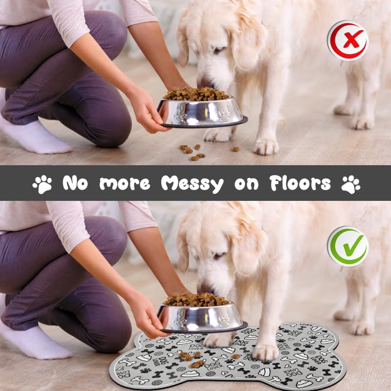Dog Food Mats for Floors Waterproof, Pet Feeding Absorbent Water Bowl Mat Cat Placemats Gray Bone Shape 19 * 12 inch