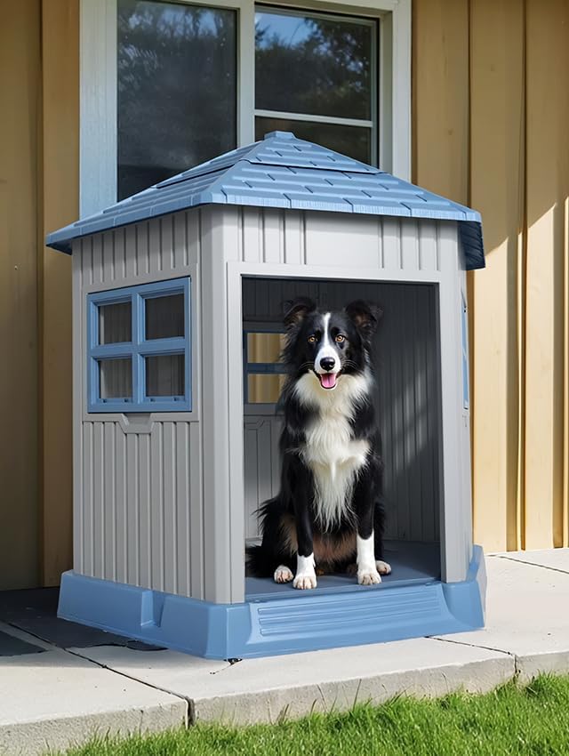 DRATO Dog House Indoor Outdoor Durable Large Dog Shelter with Outside Dog Kennel with Window and Elevated Floor for Small Medium Dogs (Blue, by)