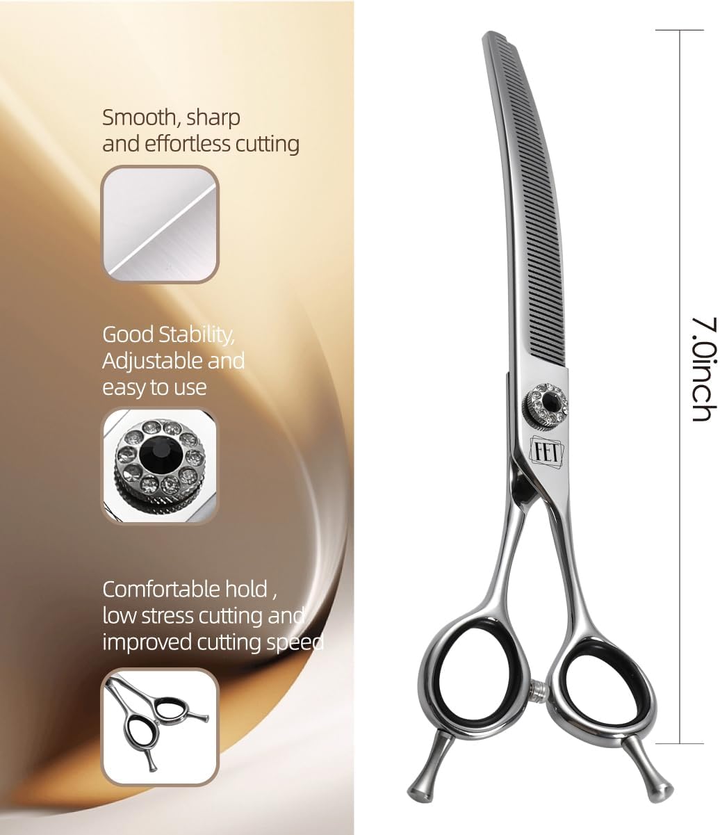 Dog Grooming Scissors: 7.0 inch Professional Pet Curved Thinning Shears Made Of Japanese 440C Advanced Stainless Steel for Dogs Cats and Other Pets