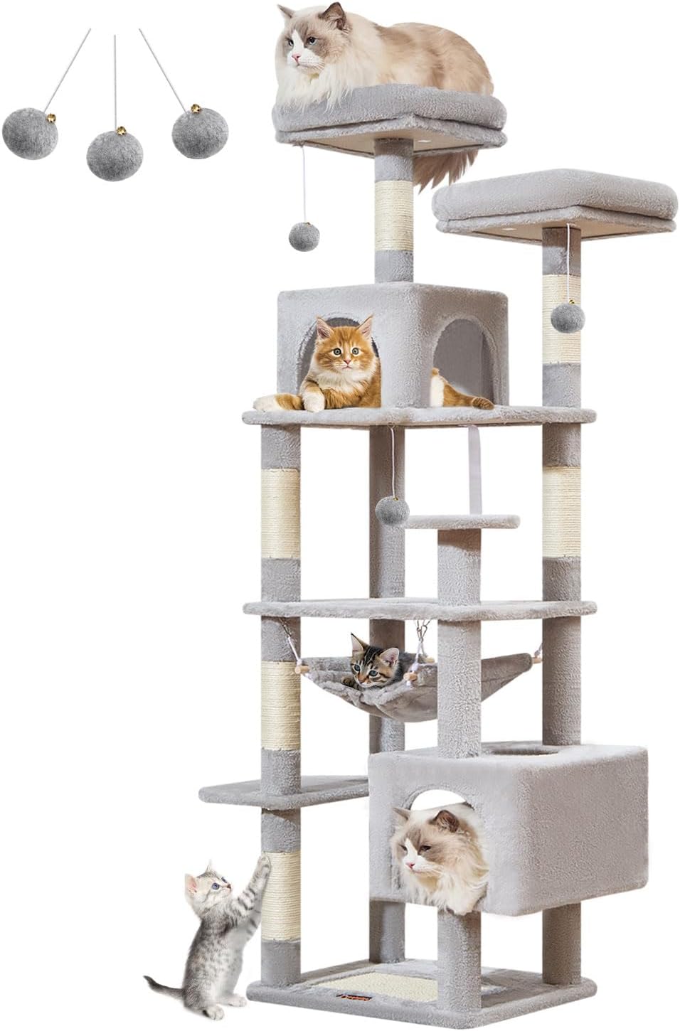 Taoqimiao Cat Tree, 68-Inch Cat Tree Cat Tower for Indoor Cats, Plush Multi-Level Cat Condo with 6 Scratching Posts, 2 Perches, 2 Caves,Hammock, 3 Pompoms,MS020SW Light Gray