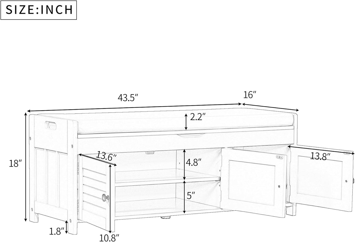 Shoe Storage Bench with 3 Shutter-Shaped Doors, Pine Wood Shoe Bench with Removable Cushion and Hidden Storage Space for Living Room, Entryway 43.5" L x 16" W x 18" H Espresso