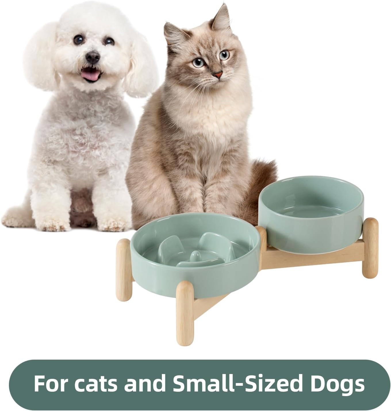 Ceramic Raised Slow Feeder Dog Bowl Set, Elevated 5.1inch Bowl and 6.1inch Puzzle Slow Pet Food Dish with Wooden Stand for Small Dog and Cat, Anti-Gulping (2X Light Green+ Stand)