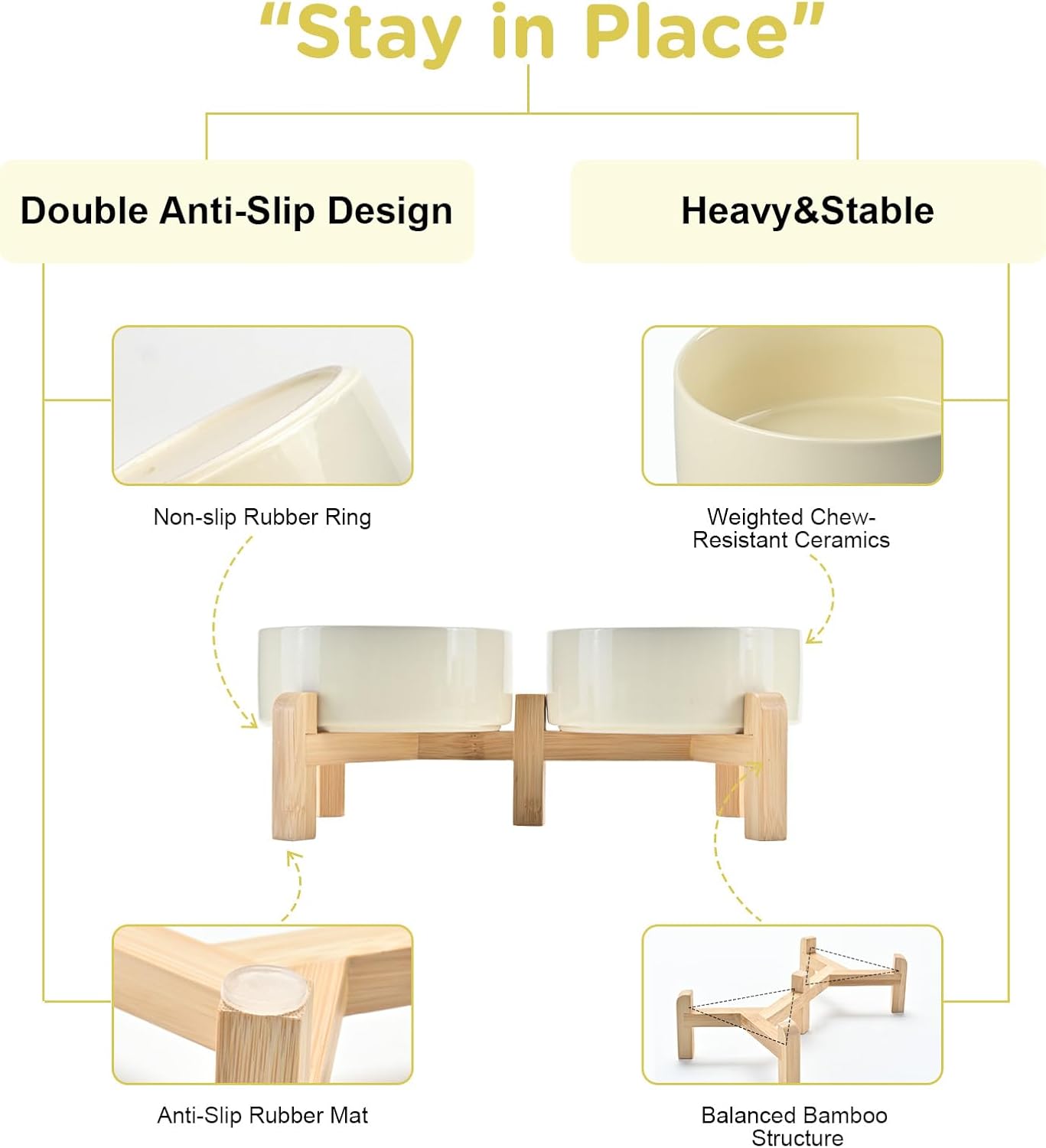 SPUNKYJUNKY Elevated Dog Bowls Ceramic, 5.1'' Dogs and Cat Food Water Bowls Raised with Non-Slip Bamboo Stand for Puppy Small Sized Breed Microwave Dishwasher Safe - 13.5 OZ,Beige