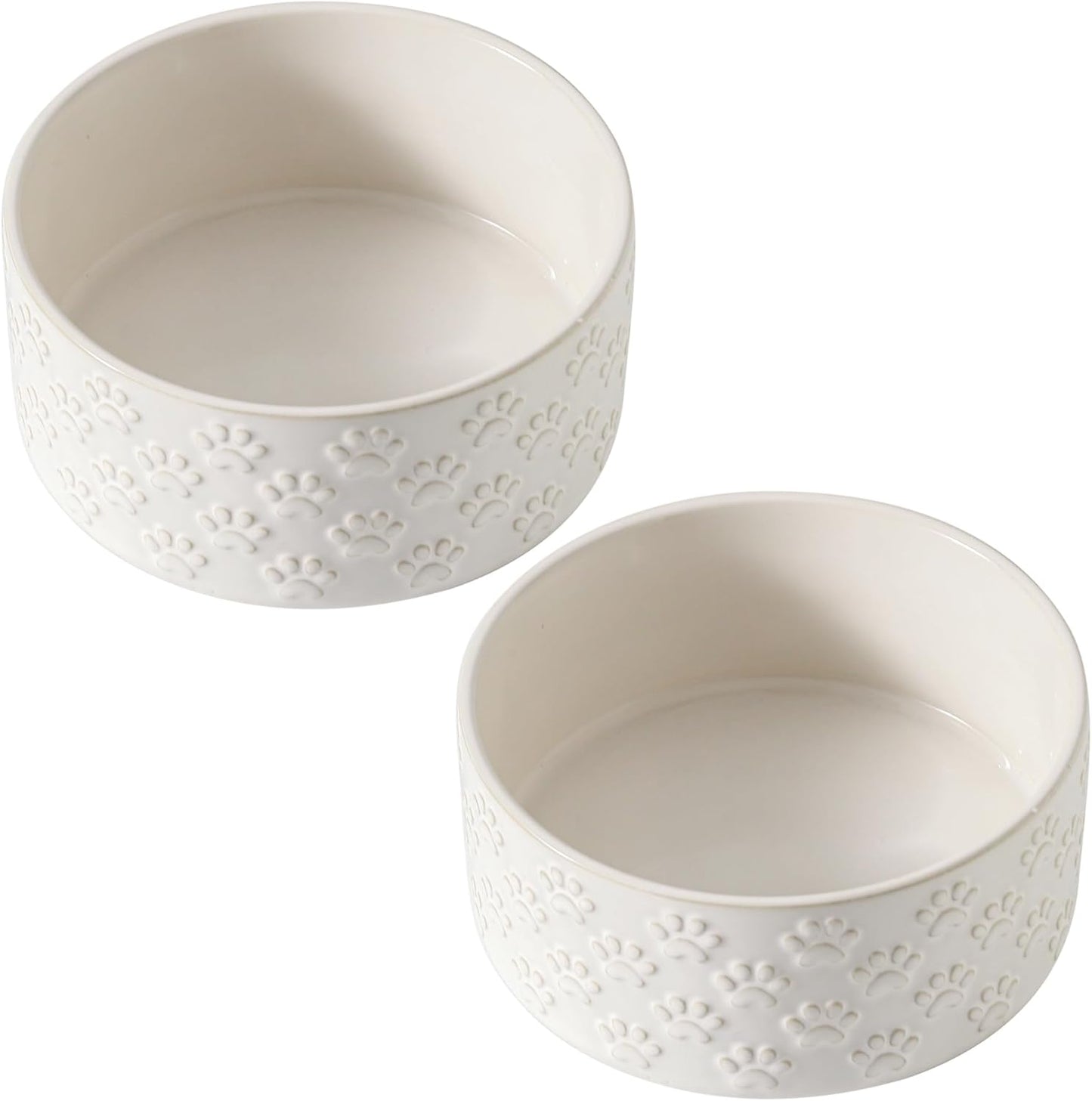 UBEE Ceramic Dog Food Bowl Set of 2, 6.1 inch Dog Dish Bowl with Paw Pattern, Pet Food Water Dish Feeding for Small and Meidum Dogs and Large Cat, White