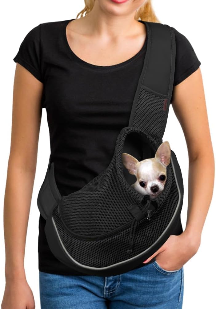 YUDODO Pet Sling Carrier for Small Dogs & Cats – Hands-Free Puppy Carrier with Safety Hook, Large Zipper Pocket, Soft Breathable Mesh, Adjustable Strap & Reflective Strip (Black 2.0 L)