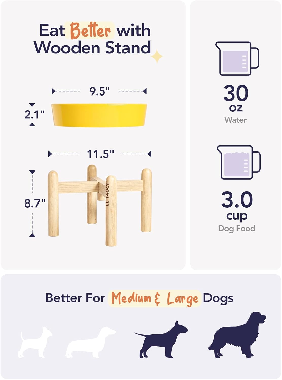 LE TAUCI Ceramic Slow Feeder Dog Bowls Elevated, 3 Cup Raised Bowl with Wooden Stand for Medium Large Breed, Slow Down Eating, Puzzle Dog Food Bowl, Star Yellow