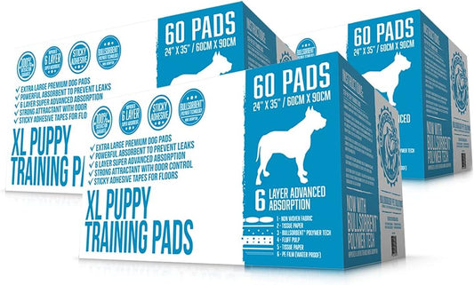 Bulldogology Puppy Pee Pads XL with Adhesive Sticky Tape - Extra Large Dog Training Wee Pads (24x35) 6 Layers with Extra Quick Dry Bullsorbent Polymer Tech (180-Count, White)