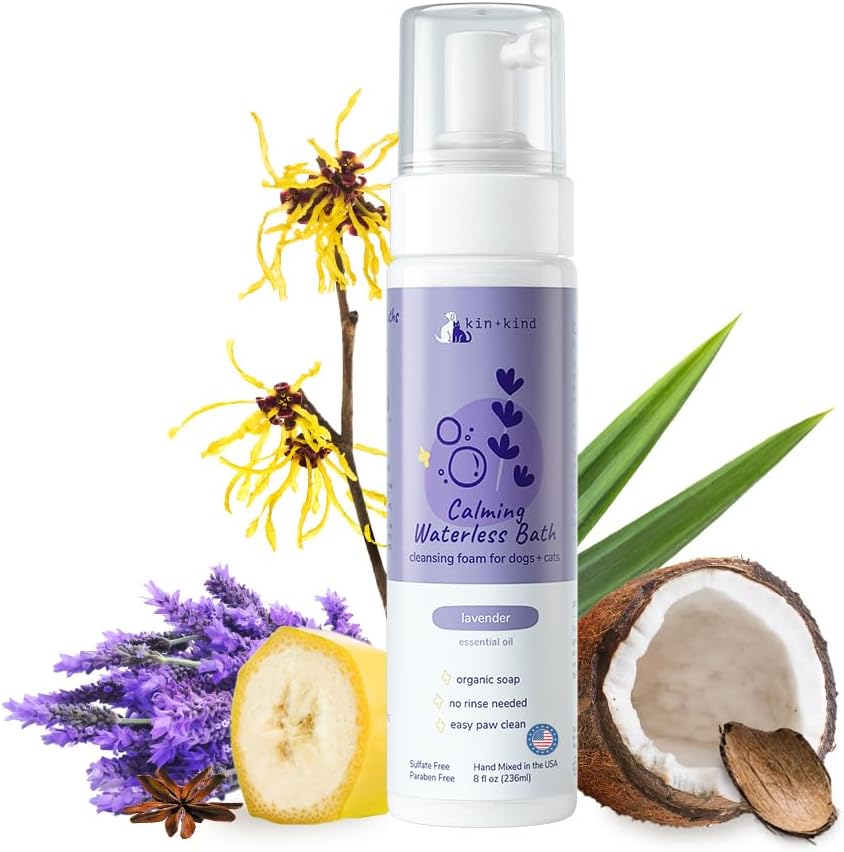 kin+kind Waterless Dry Shampoo for Dogs - Rinse-Free, Eliminate Itch and Odor, Natural Formula with Witch Hazel, Coconut Oil, Olive Oil and Lavender - Made in USA