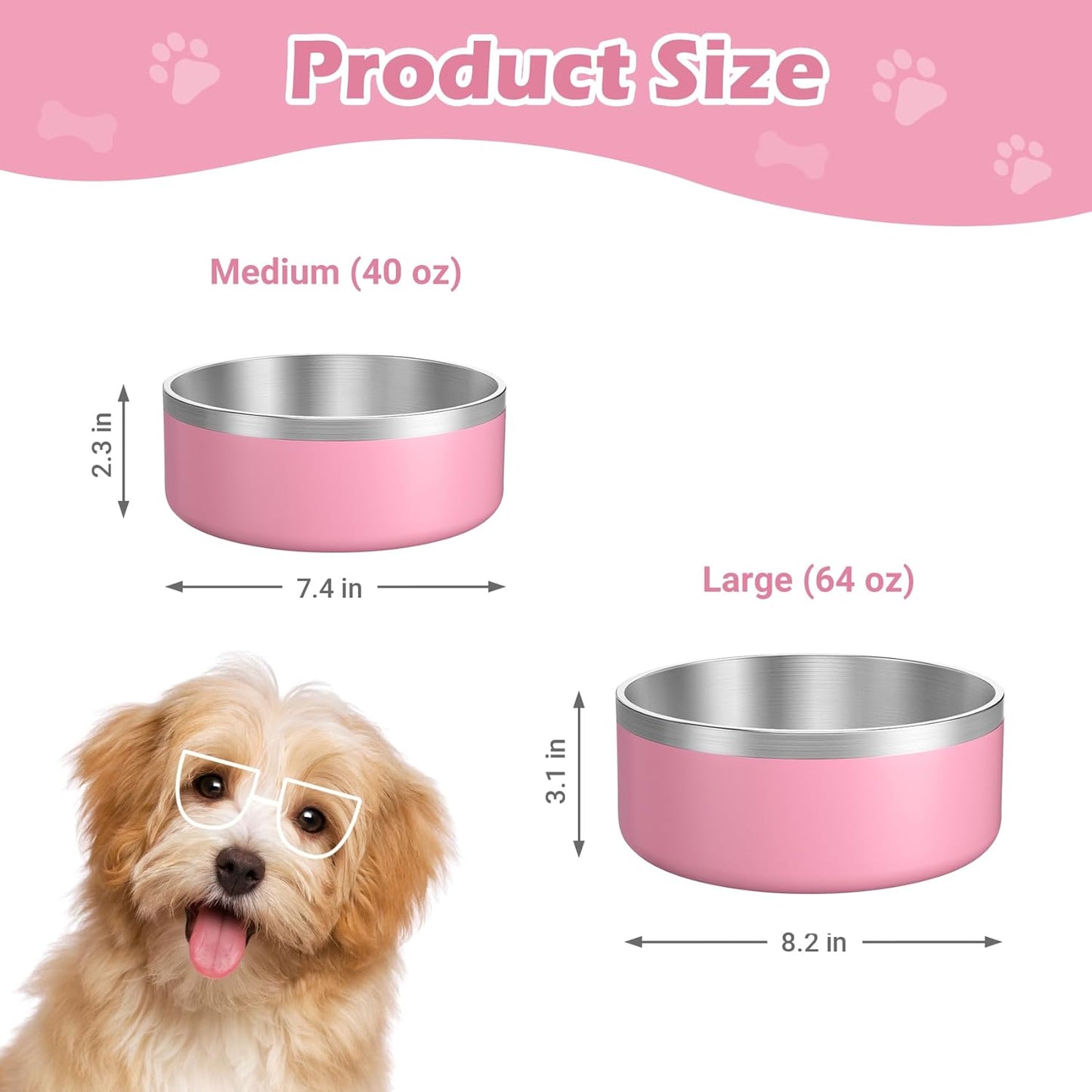 LIANLAI Dog Bowls Large Sized, Rust-Resistant Stainless Steel Dog Bowls, Non Slip Puppy Dishes, Dishwasher Safe (Pink，64 oz)