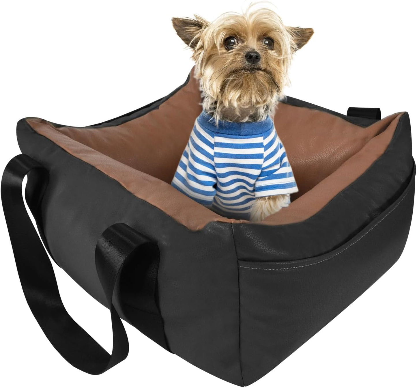 Dog Car Seat for Small Dogs, Large Leather Dog Car Bed with Storage Pocket, Waterproof PVC Leather Booster Seat Travel Bed for Front & Back Seat, Clip-On Safety Leash (Black/Brown)