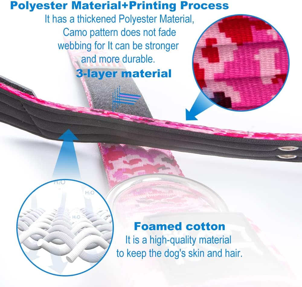 TSPRO Tactical Dog Collar 1.5 Inch Wide Thick Dog Collars with Heavy Duty Metal Buckle, Durable, Strong, Adjustable for Medium to Large Dogs (Camo Pink L)