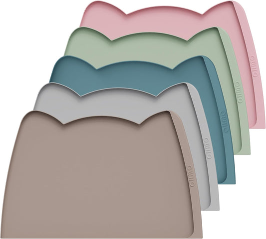 OHMO Dog Food Mat(Beige, 24 * 15'') w/Residue Collection Pocket Silicone Pet Feeding Mat for Floor High Edges Anti Spills Waterproof Cat Water Bowl Tray, Easy Clean Placemat