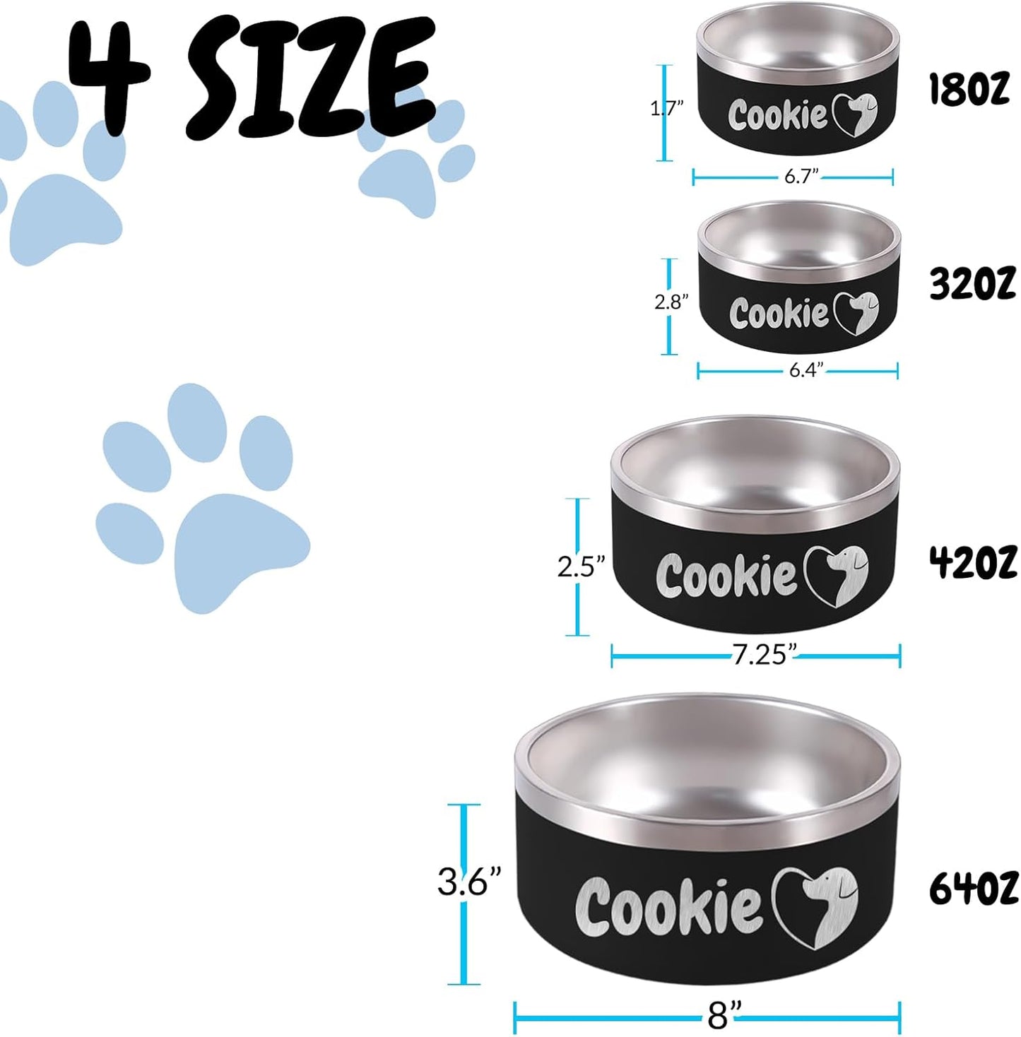 64OZ Personalized Dog Bowl Laser Engraved Custom Pet Name 18/32/42/64 oz No Slip Stainless Steel Insulated Bite-Resistant Food Water Dishes-Black