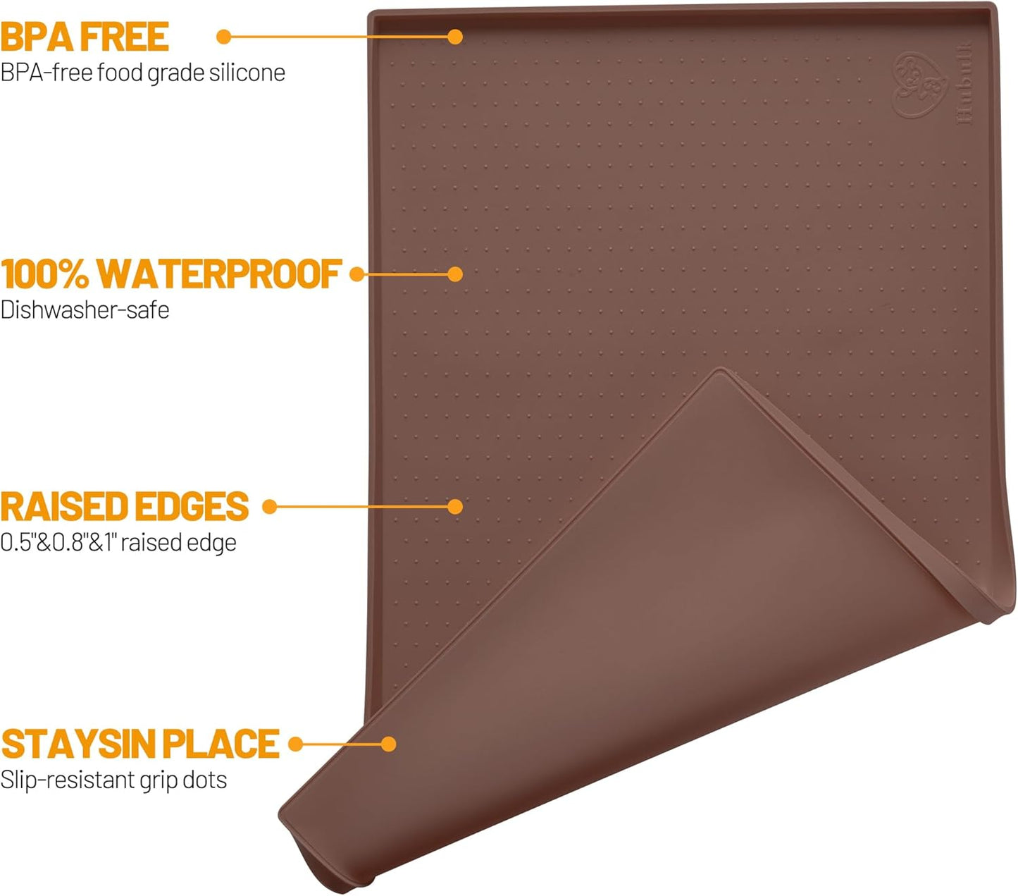 Hubulk Dog Feeding Mat,100% Waterproof Food Grade Silicone Pet Food and Water Bowl Placemat,Dishwasher, High Raised Edge to Prevent Spills,Nonslip Tray to Stop Messes on Floor（24"x16"x0.5", Brown）
