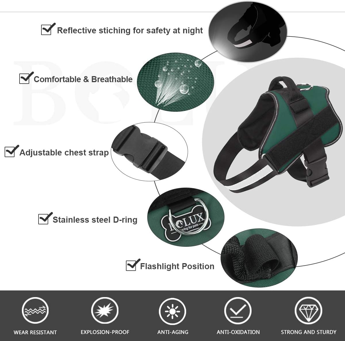 Bolux Dog Harness, No-Pull Reflective Dog Vest, Breathable Adjustable Pet Harness with Handle for Outdoor Walking - No More Pulling, Tugging or Choking (Dark Green, M)