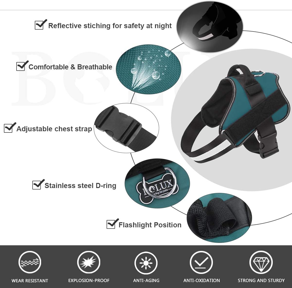 Bolux Dog Harness, No-Pull Reflective Dog Vest, Breathable Adjustable Pet Harness with Handle for Outdoor Walking - No More Pulling, Tugging or Choking (Turquoise, M)