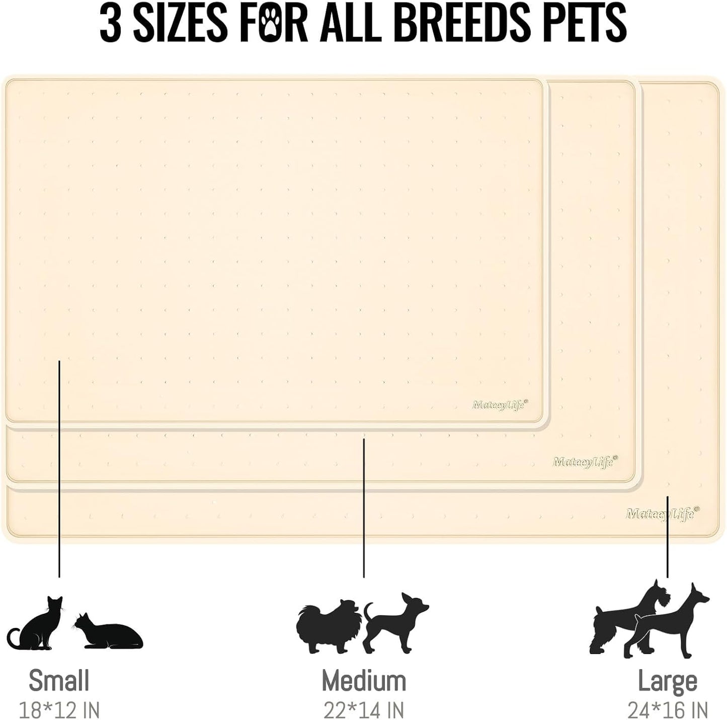 MateeyLife Dog & Cat Food Mat, Waterproof & Nonslip Silicone Feeding Mats for Dogs and Cats, Raised Edge Tray for Messy Drinkers, 22"x14", Beige