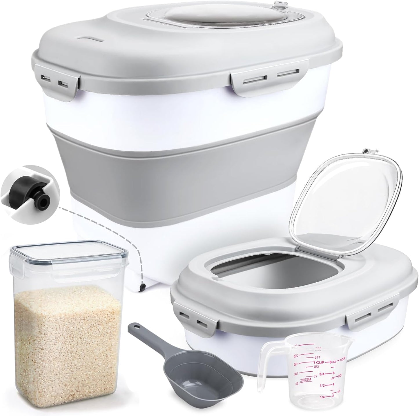 Rice Storage Bin Cereal Containers, 13-50lb Collapsible Rice Container Dispenser with Transparent Lid, Rolling Wheels, Measuring Cup and Scoop, Airtight Dog Cat Pet Food Storage Container White