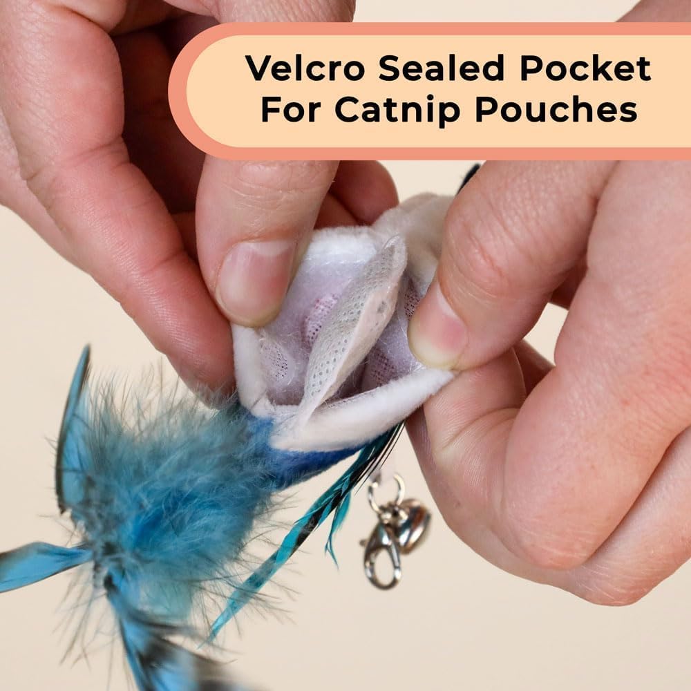Interactive Catnip Bird Toy Set, Interactive Cat Toys for Indoor Cats, Cat Feather Toy, Suction Cup, Weighted Base, 5 Replacement Birds, Feathers & Bells, Realistic Bird Impression
