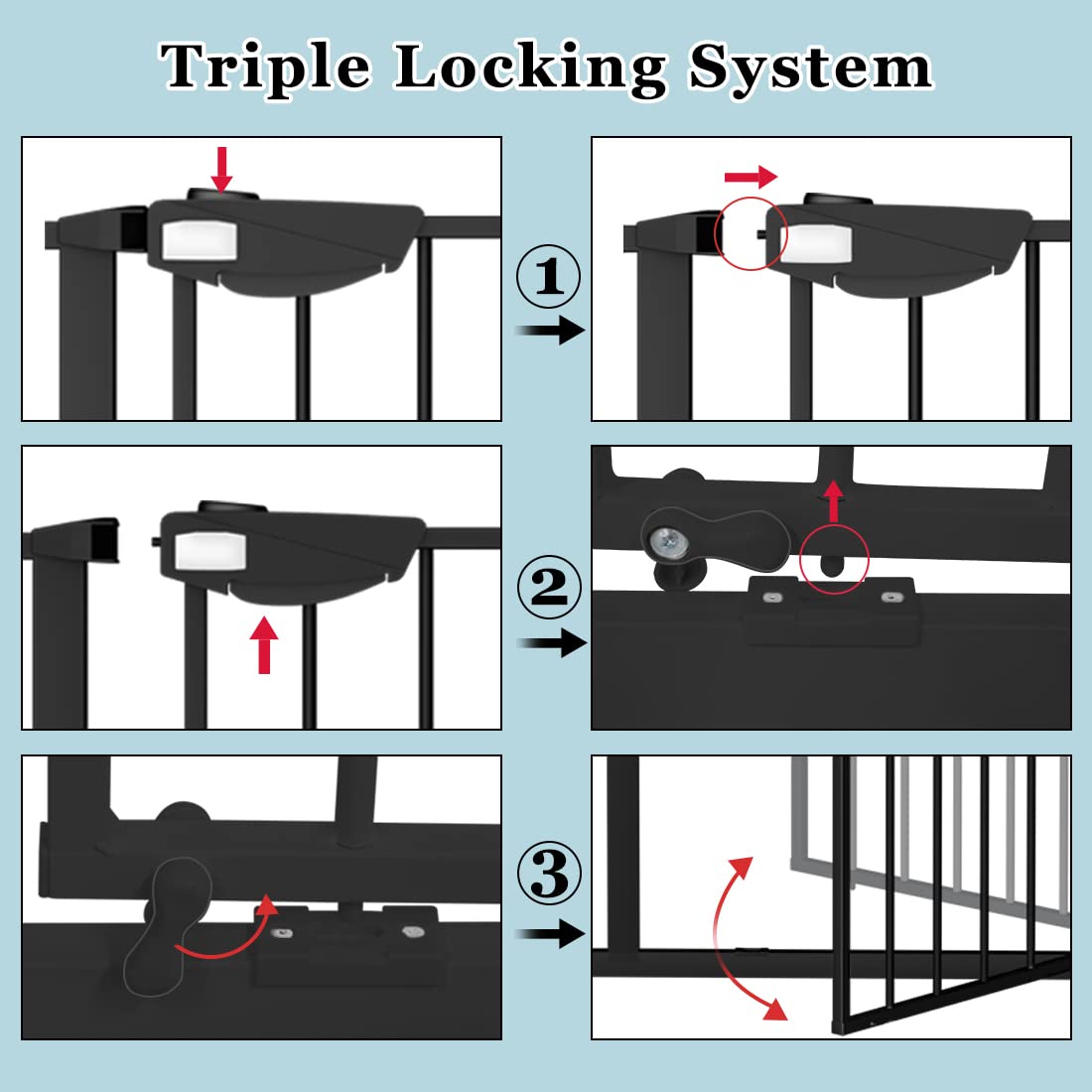 WAOWAO Triple Lock Baby Gate Extra Wide 86.22-90.55" Pressure Mounted Walk Through Swing Auto Close Safety Black Metal Dog Pet Puppy Cat for Stairs,Doorways,Kitchen