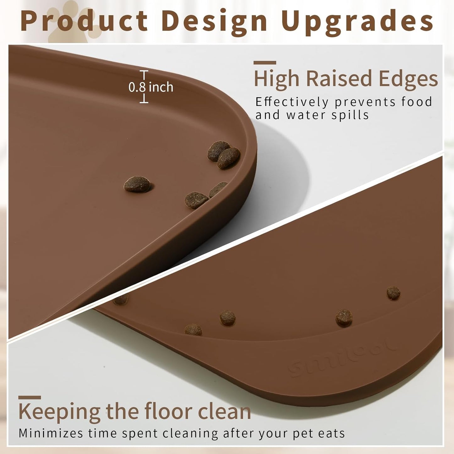 Silicone Pet Feeding Mat with Raised Edge & Residue Collection Pocket for Food and Water, Dog Bowl Mats, Cat Bowls Placemat with High Lip for Floor Waterproof, 22 x 14 x 0.8 Brown