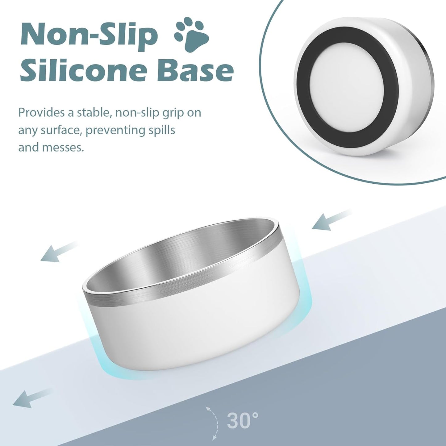LIANLAI Dog Bowls Large Sized Dishes, Rust-Resistant Stainless Steel Dog Bowls, No Spill Pet Water Bowl, Double-Walled Puppy Bowl (White，64 oz)