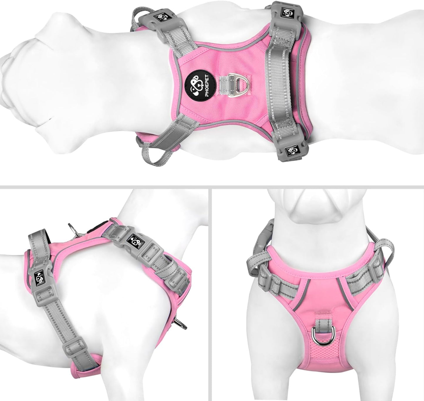 PHOEPET No Pull Dog Harness, Unique Colors Reflective Adjustable Dog Vest, with Soft Training Handle Metal Clips for Small Medium Large Dogs (Baby Pink Base & Grey Straps,M)