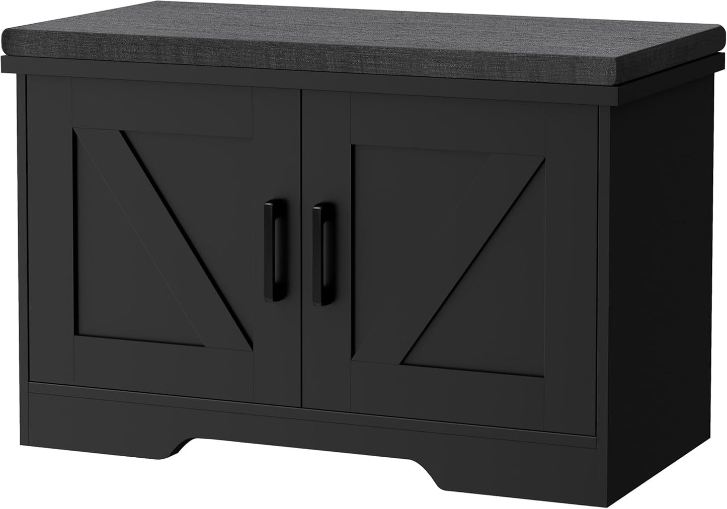 2-Tier Storage Bench, Shoe Bench with Padded Seat Cushion, Entryway Bench with 2 Barn Doors, Adjustable Shelf, 13.8" D x 27.6" W x 17.7" H, for Entryway, Living Room, Bedroom, Black